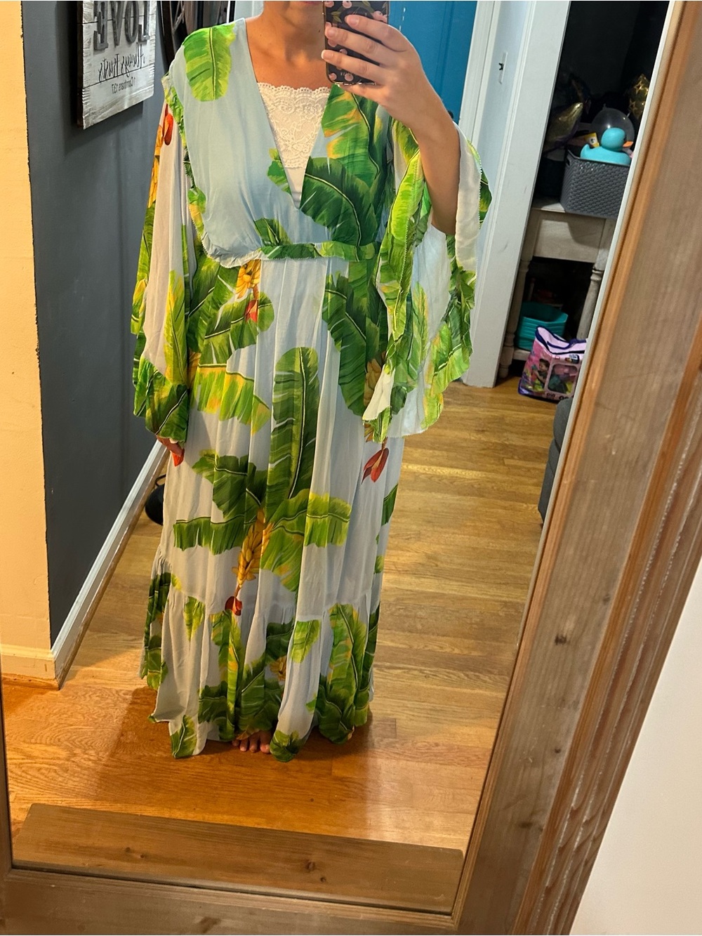 FARM Rio Light Blue Maxi Dress with Green Tropical Leaf Print - Picture 2 of 3